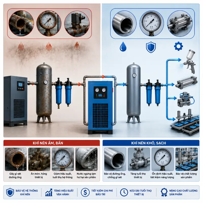 Máy Sấy Khí Tác Động Đến Hệ Thống Khí Nén Như Thế Nào