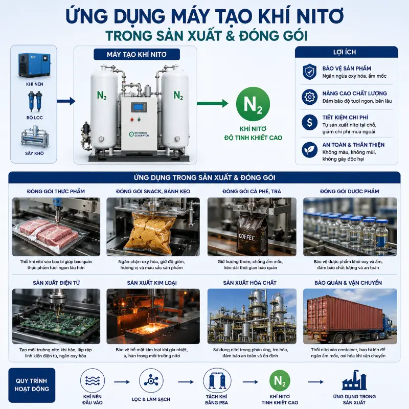 Ứng Dụng Máy Tạo Khí Nitơ Trong Sản Xuất & Đóng Gói