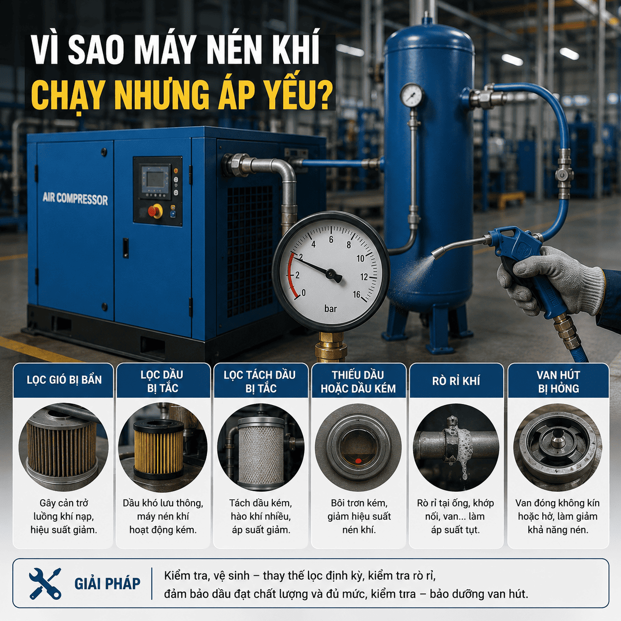 Vì Sao Máy Nén Khí Chạy Nhưng Áp Yếu