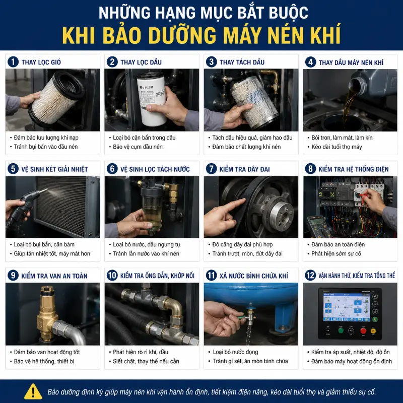 Những Hạng Mục Bắt Buộc Khi Bảo Dưỡng Máy Nén Khí