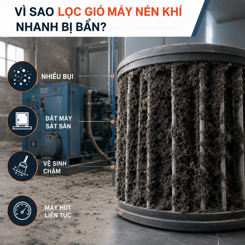 Vì Sao Lọc Gió Máy Nén Khí Nhanh Bị Bẩn