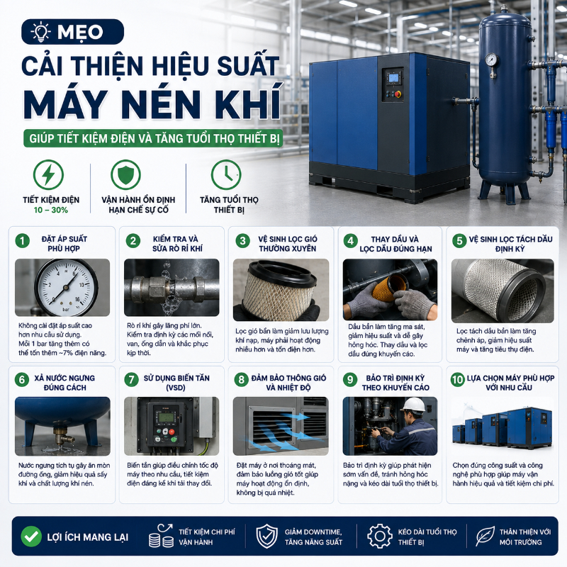 Mẹo Cải Thiện Hiệu Suất Máy Nén Khí Giúp Tiết Kiệm Điện Và Tăng Tuổi Thọ Thiết Bị