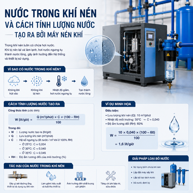 Nước Trong Khí Nén Và Cách Tính Lượng Nước Tạo Ra Bởi Máy Nén Khí